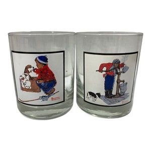 NORMAN ROCKWELL Rocks Glass Winter Scene ARBY'S Pepsi Series Set of 2